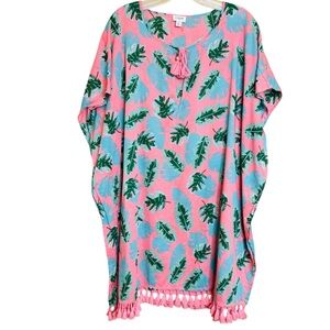 J CREW Pink Green Tropical Leaf Tassel Kimono Swim Cotton Cover XL Tunic
